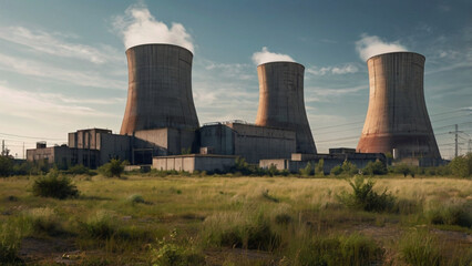 Old Nuclear Power Plant with Cooling Towers Against Sky