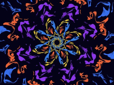 Abstract colorful design of swirling patterns and starburst shapes.