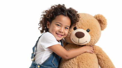 Joyful child embraces large teddy bear, showcasing moment of warmth and affection. child has curly hair and wears casual outfit, radiating