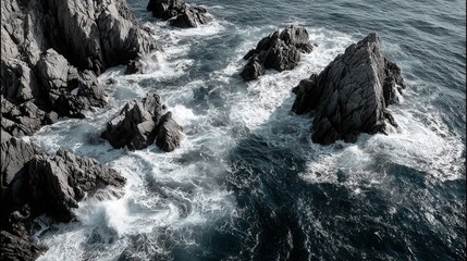 Rocky Outcrops in Ocean with Crashing Waves, Aerial View