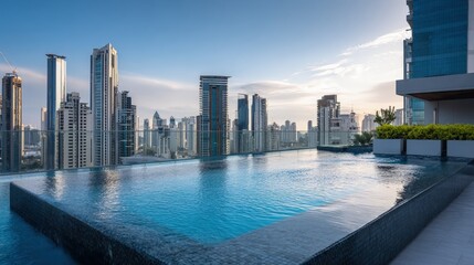 Naklejka premium Amazing pool Overlooking city skyscrapers from rooftop terrace urban chic meets aquatic delight