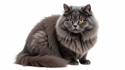 Fluffy gray cat with striking orange eyes, sitting gracefully. cat fur is thick and well groomed, showcasing its majestic appearance