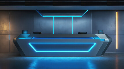 Tech company reception counter mockup future technology office lighting space workplace interior registration copy space desk design indoor decoration front view green plant decor