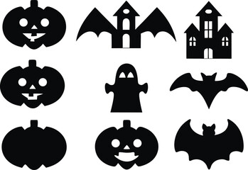 Spooky Halloween Silhouette Collection Featuring Pumpkins, Haunted Houses, Ghosts, and Bats for Festive Holiday Decorations