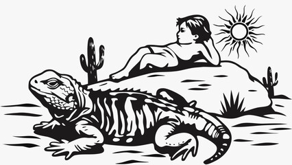 Fototapeta premium A child rests on a rock near a lizard and cactus under the sun in a black and white illustration silhouette