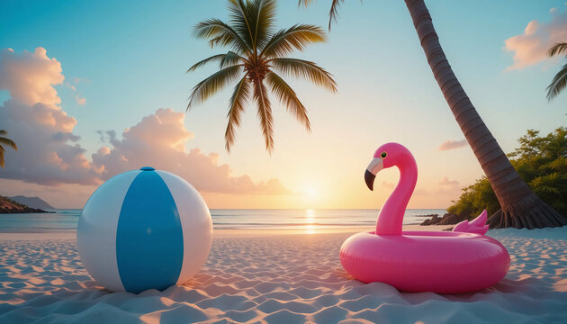 Tropical beach at sunset with an inflatable flamingo float and colorful beach ball on the sand, ocean waves in the background, golden hour light creating a relaxing summer vacation mood - Powered by Adobe