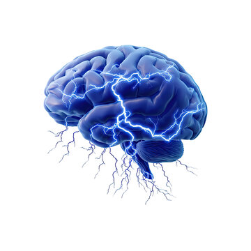 3D illustration of a human brain, highlighted in vibrant blue, with a striking electrical discharge emanating from its base