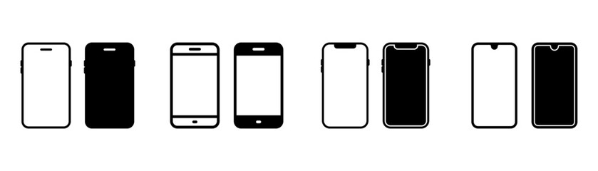 Mobile phone icon set. Smartphone icons. Smartphone mockup with a blank white screen. Mobile phone mockup front view. Vector illustration
