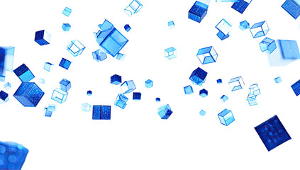 Abstract digital cubes in shades of blue, dispersed across a black background