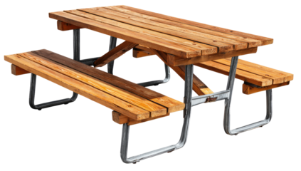Wooden picnic table with slatted top and benches.  Metal legs