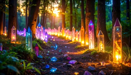 Naklejka premium Walking Path Through Forest Glowing with Colorful Crystals at Sunset