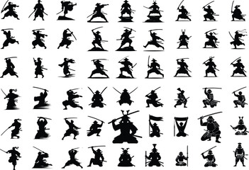 Japanese Samurai Warrior Silhouette Set – Traditional Martial Icon Pack Samurai Warrior Icon Collection – Japanese Sword Fighter Silhouette Art