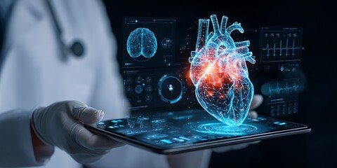 Doctor Examining Luminous Holographic Heart with Ailment on Digital Tablet Display