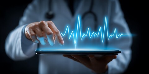 Doctor Manipulating Luminous Heartbeat Waveform on a Digital Tablet for Health Monitoring