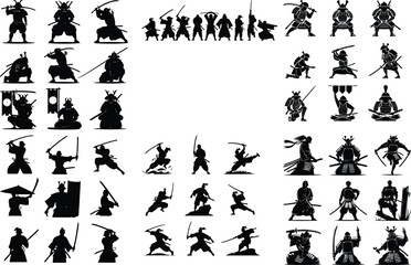 Japanese Samurai Warrior Silhouette Set – Traditional Martial Icon Pack Samurai Warrior Icon Collection – Japanese Sword Fighter Silhouette Art