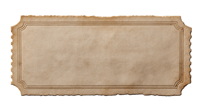 Vintage blank ticket, paper with a grunge edge, isolated on a transparent background in PNG format.