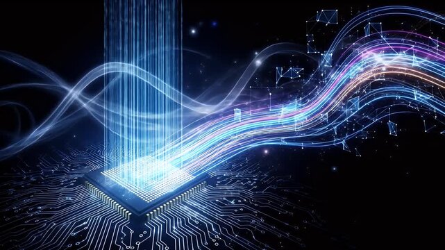 Futuristic artificial intelligence concept with glowing data streams flowing into a powerful central processing unit on a circuit board.