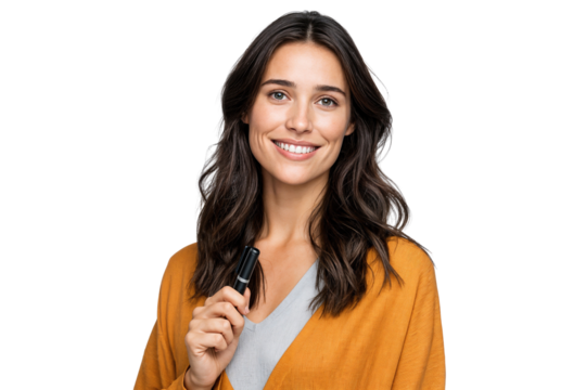 Portrait of a beautiful smiling female teacher holding a pen, looking at the camera isolated on transparent background