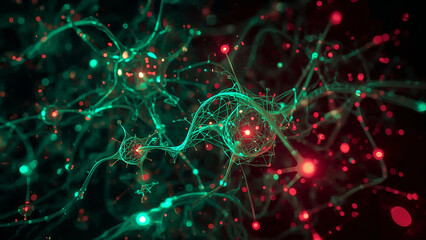 Neural flow network analytics innovation in an abstract futuristic setting with different streams.