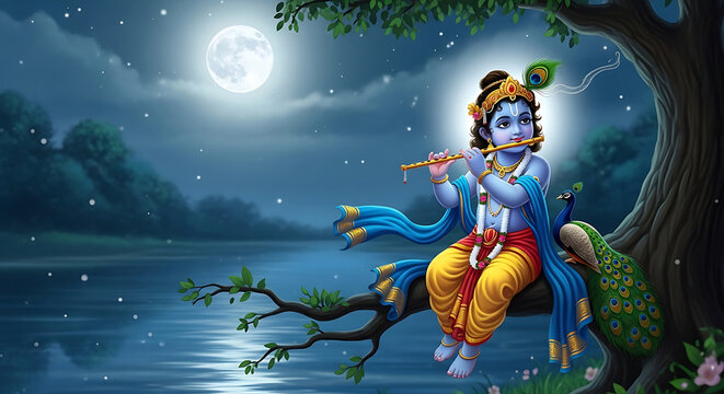 Baby Krishna on tree branch playing flute with peacock at night