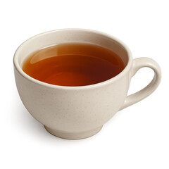 Beige ceramic tea cup filled with hot aromatic tea on transparent background
