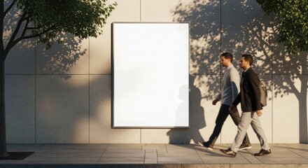 Blank Advertisement Billboard Mockup on Concrete Wall with Two Businessmen Walking Past, Urban Setting for Marketing