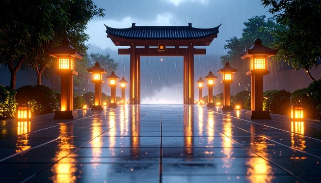 Walking Path with Torii Gate and Lanterns in the Rain