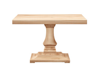 Light beige wooden pedestal table.  Simple rectangular tabletop sits atop a tapered pedestal base.  Smooth,  light-colored finish