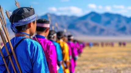 Obraz premium Colorful traditional attire worn by a group of archers in a vast landscape with mountains in the background