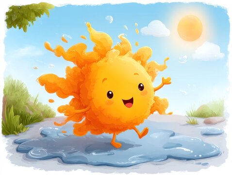 Cartoon sun character in a puddle