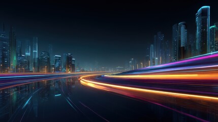 Cyberpunk neon highway with electric blue-magenta-orange light streaks, dynamic motion blur for game interface, sci-fi movie poster, futuristic advertisement

