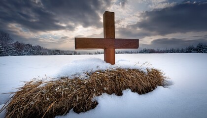 grave wood a wooden cross partially buried in snow under a moody gray sky evoking a serene yet somber atmosphere