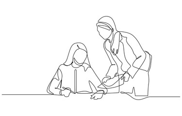 Continuous one line drawing of Two business women discussing signing paper works vector illustration. Editable outline