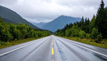 A serene, wet road stretches through lush green forests, leading towards majestic mountains under a cloudy sky.