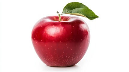 Shiny Red Apple with Leaf on White Background, fruit, healthy eating