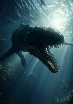 Prehistoric marine reptile swimming in deep ocean with sunlight rays
