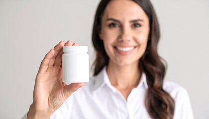 Woman holding a white bottle