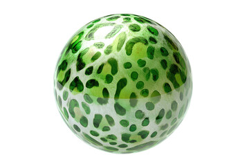 A glossy, spherical, vibrant green and white leopard-print orb