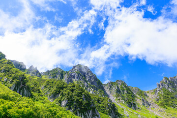 夏の南アルプス宝剣岳と青い空