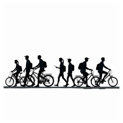 Obraz premium Silhouette people walking and biking commute urban lifestyle vector illustration design graphic resource on transparent background