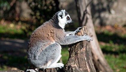 A lemur perched on a tree stump, showcasing its distinctive fur and curious expression against a natural backdrop.