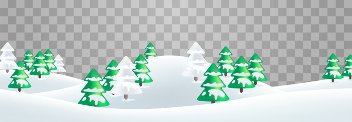 Winter vector landscape with snowdrifts and snowy fir trees. Snow landscape decoration, frozen hills isolated on png background. Vector snowbanks field. Christmas vector illustration