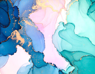 Abstract Fluid Art Painting with Blue Pink and Gold