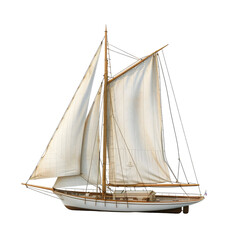 Obraz premium Side view of a wooden sailboat with a large white sail. The vessel appears to be a model, showing intricate details of the hull, masts, and rigging