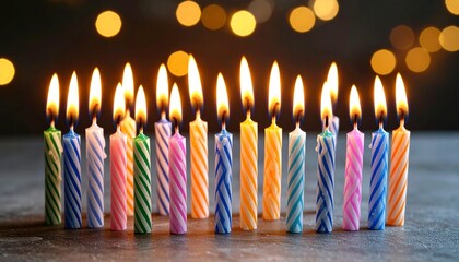 Celebrate a special birthday with vibrant candles and bokeh lights, perfect for memorable occasions