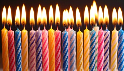 Colorful striped birthday candles burning bright creates a warm festive celebration atmosphere of joy and fun