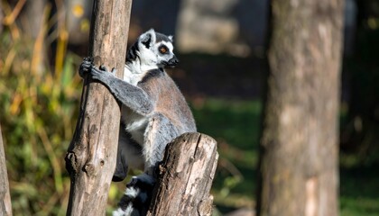Fototapeta premium A lemur clings to a wooden post, showcasing its striking fur and curious gaze amidst a natural setting.