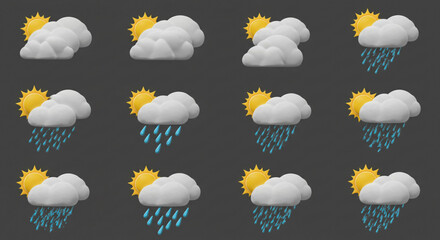 3D Weather Symbol Set with Cloudy, Rainy, and Sunny Conditions &ndash; High-Quality Icons for Forecast Applications and UI Design