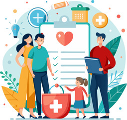 Family insurance. Concept of life insurance, protection of health and life of children with document of insurance for travel or vacation. Healthcare and medical service icon