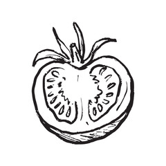 Sliced tomato vegetable with leaves in black brush stroke texture isolated on white. Hand drawn vector sketch illustration in vintage charcoal ink. Agriculture, farm product label.